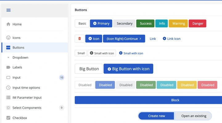 The RailNetEurope pattern library: a navigation menu on the left, and on the right a buttons page showing basic, primary, secondary, success, info, warning and danger buttons, buttons with icons, small and big buttons, disabled states, a block button and a segmented control.