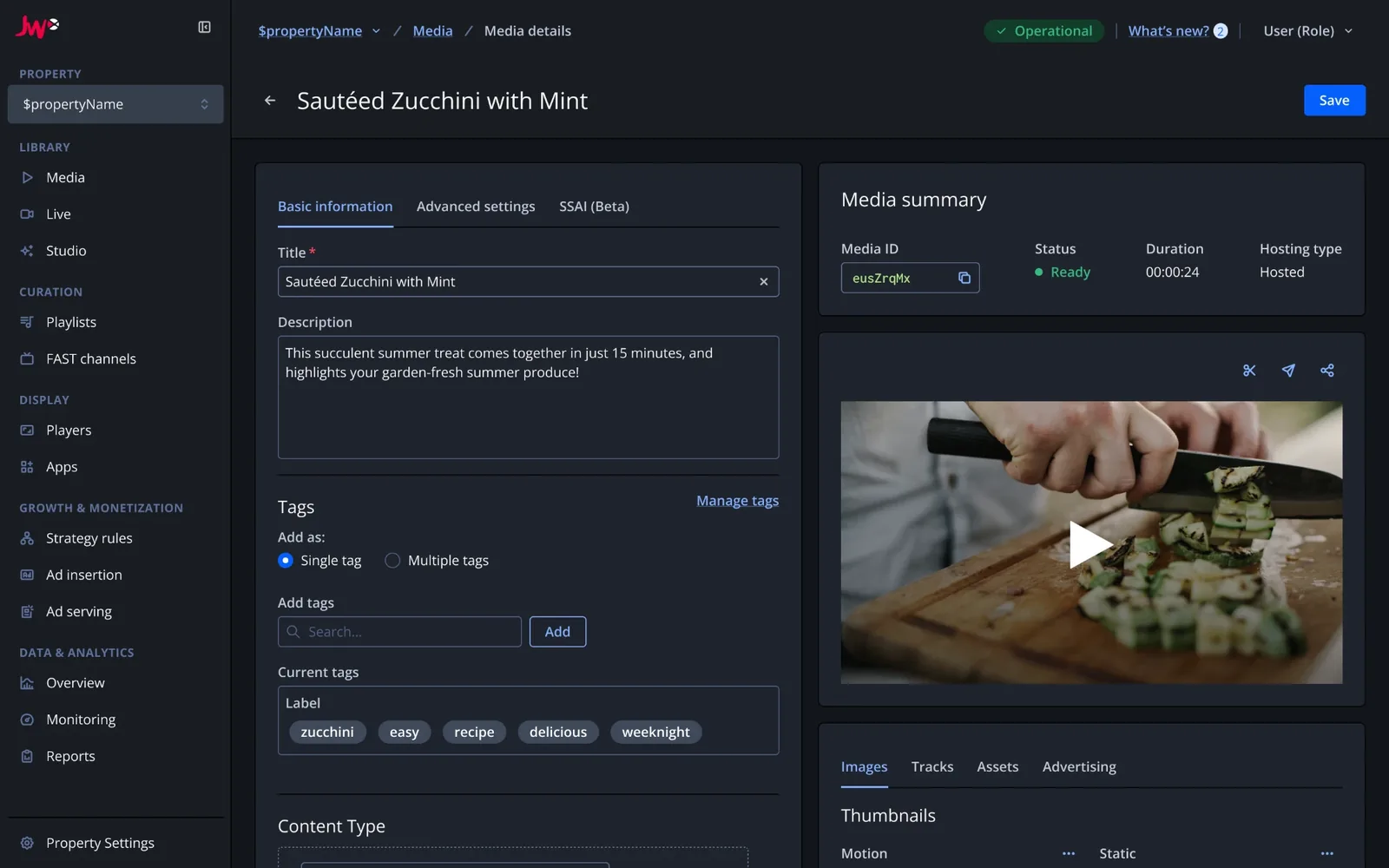 A video’s details page in dark mode: title, description and tags on the left, a media summary and video preview on the right.
