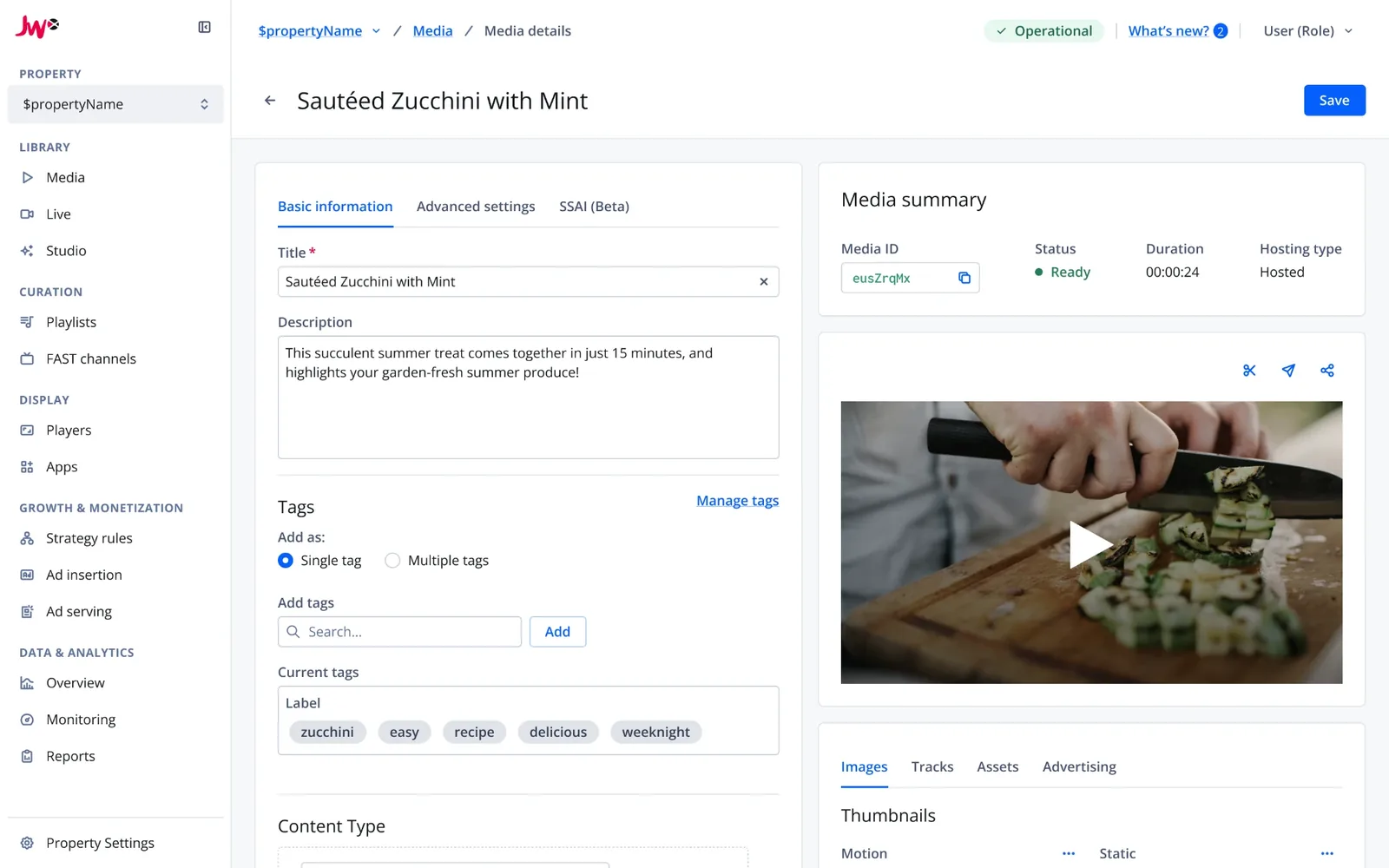 A video’s details page in light mode: title, description and tags on the left, a media summary and video preview on the right.