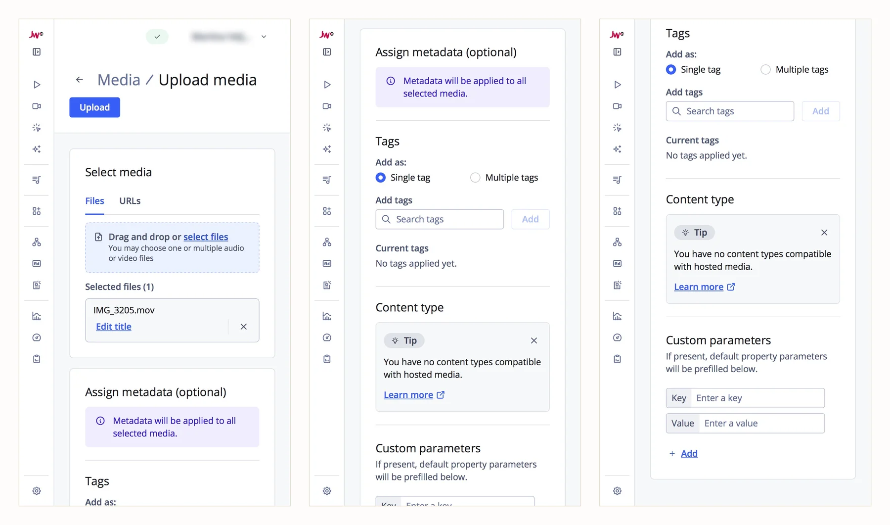 The upload flow on a phone, in three screens: selecting a video file, assigning metadata and tags, and adding a content type and custom parameters.
