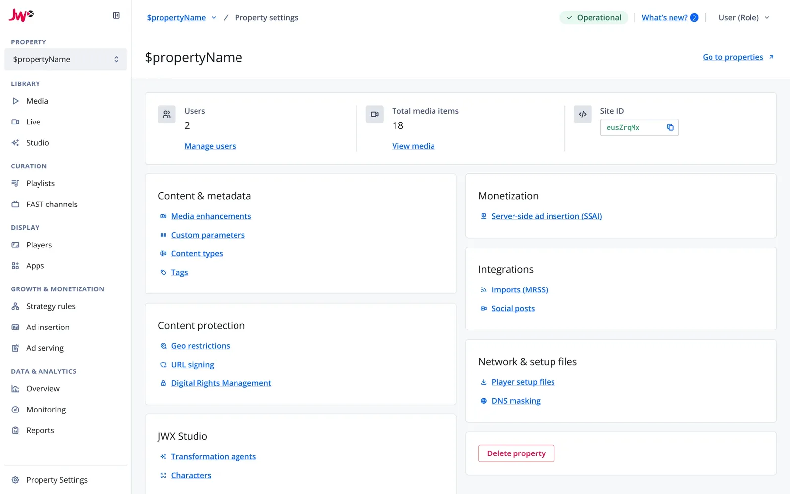 A property’s settings page: users, media items and site ID at the top, then settings grouped into content and metadata, content protection, JWX Studio, monetization, integrations and network setup.