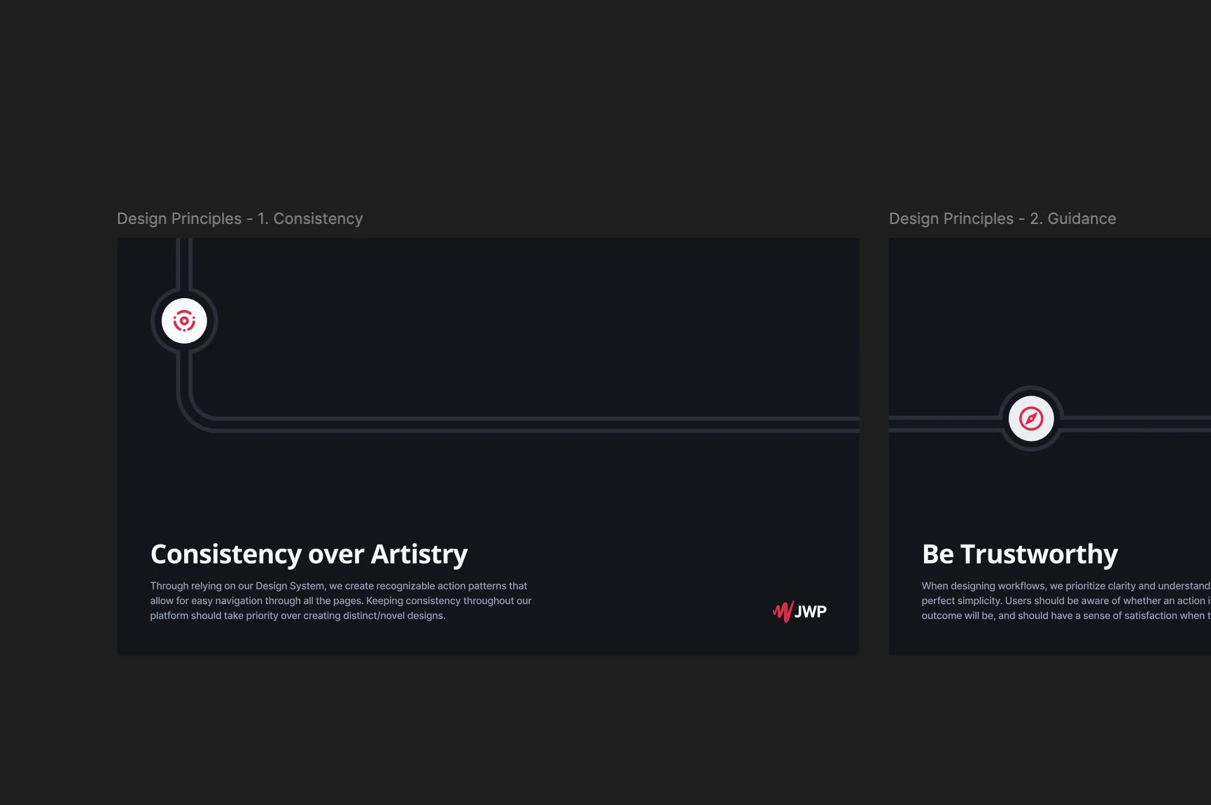 Two of the design principle slides, in dark mode with the company logo: Consistency over Artistry, and Be Trustworthy, each with an icon on a track line and a short description.