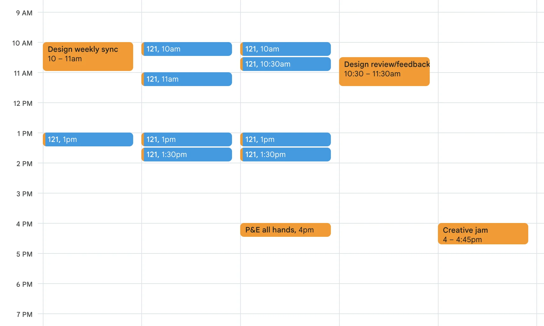A week in my design-only calendar. On Monday, the design weekly sync from 10 to 11. 1:1s on Monday, Tuesday and Wednesday in blue. The design review and feedback meeting on Thursday from 10:30 to 11:30. A product and engineering all hands on Wednesday at 4. The creative jam on Friday from 4 to 4:45.
