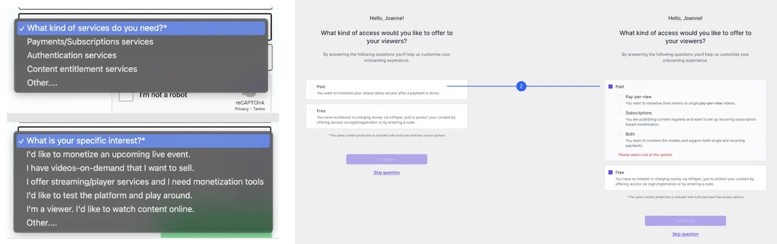 Two screens side by side. On the left, the old onboarding questions in the registration form, as plain dropdowns. On the right, the new questions, one per page, with a description for each answer and an option to skip.
