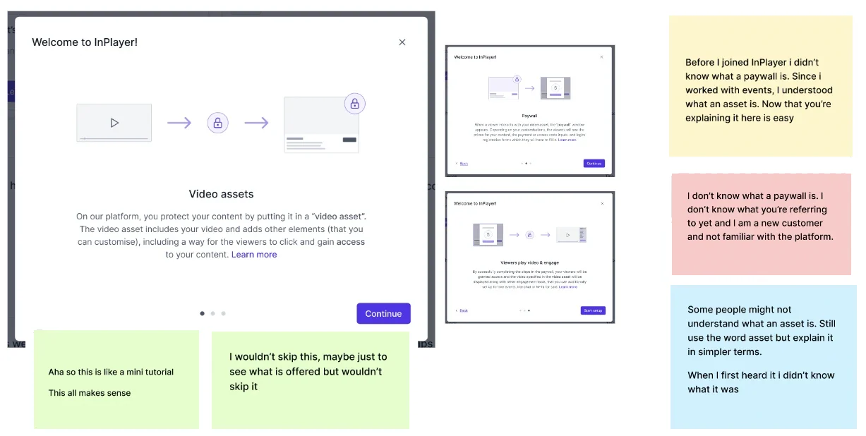 The welcome modal explaining video assets, with a short illustration, next to sticky notes with customer feedback on it.